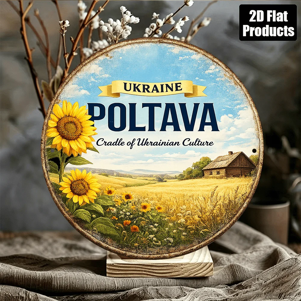 2D Flat Round Sign, Vintage Plaque Featuring Poltava, Ukraine, Sunflower Countryside Scenery Decorative Sign,