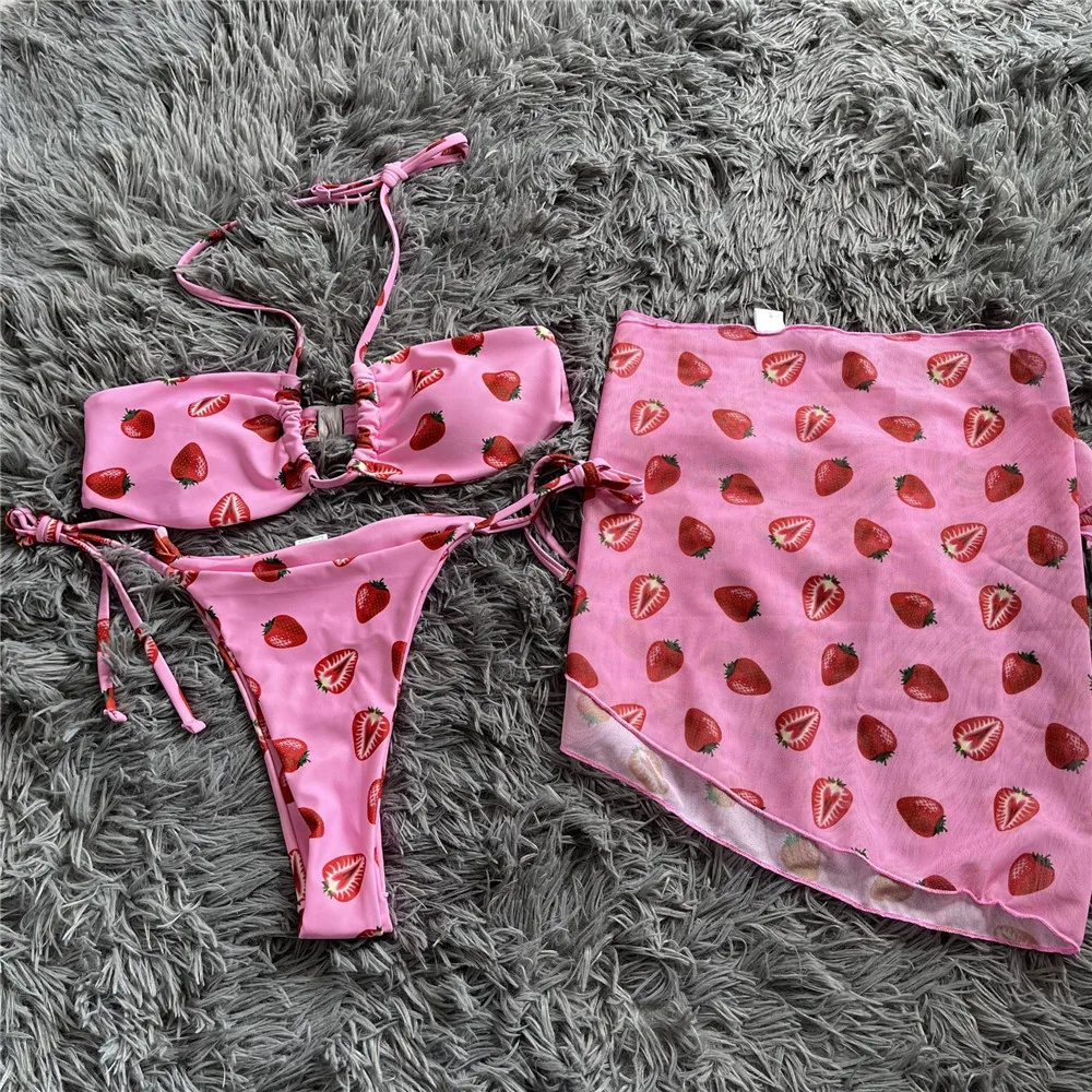 Pink Strawberry Print Swimwear 3 Piece Bikini Set String Halter Micro Thong Sexy Swimsuit Women Beachwear Bandeau Bikinis 2024