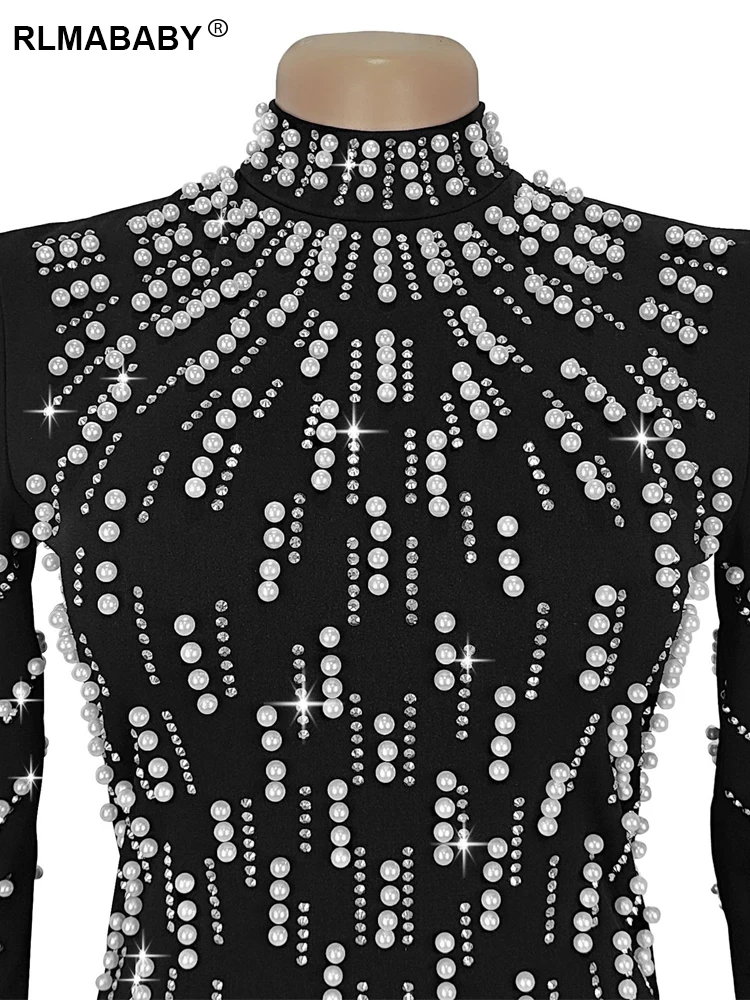 RLMABABY Elegant Party เพชรชุดยาวผู้หญิง O คอยาวแขนยาว Glitter Club ชุดราตรีสีดํา Sheath Maxi ชุด