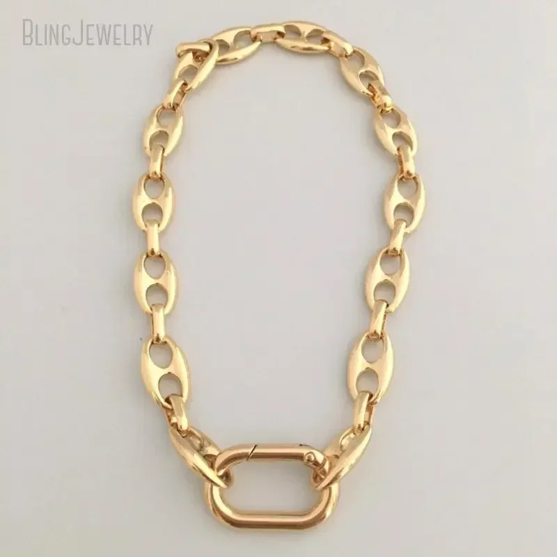 10pcs Gold Color Chunk Link Chain Necklace Carabiner Spring Lock Clasp Puffed Mariner Coffee Bean Choker Stainless Steel Jewelry