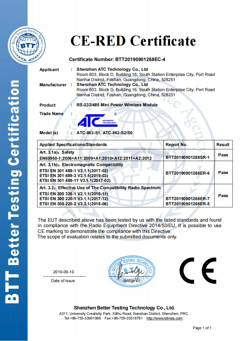 Interfaz TTL del módulo RF inalámbrico Mini Power de 300 m (ATC-863-S0)