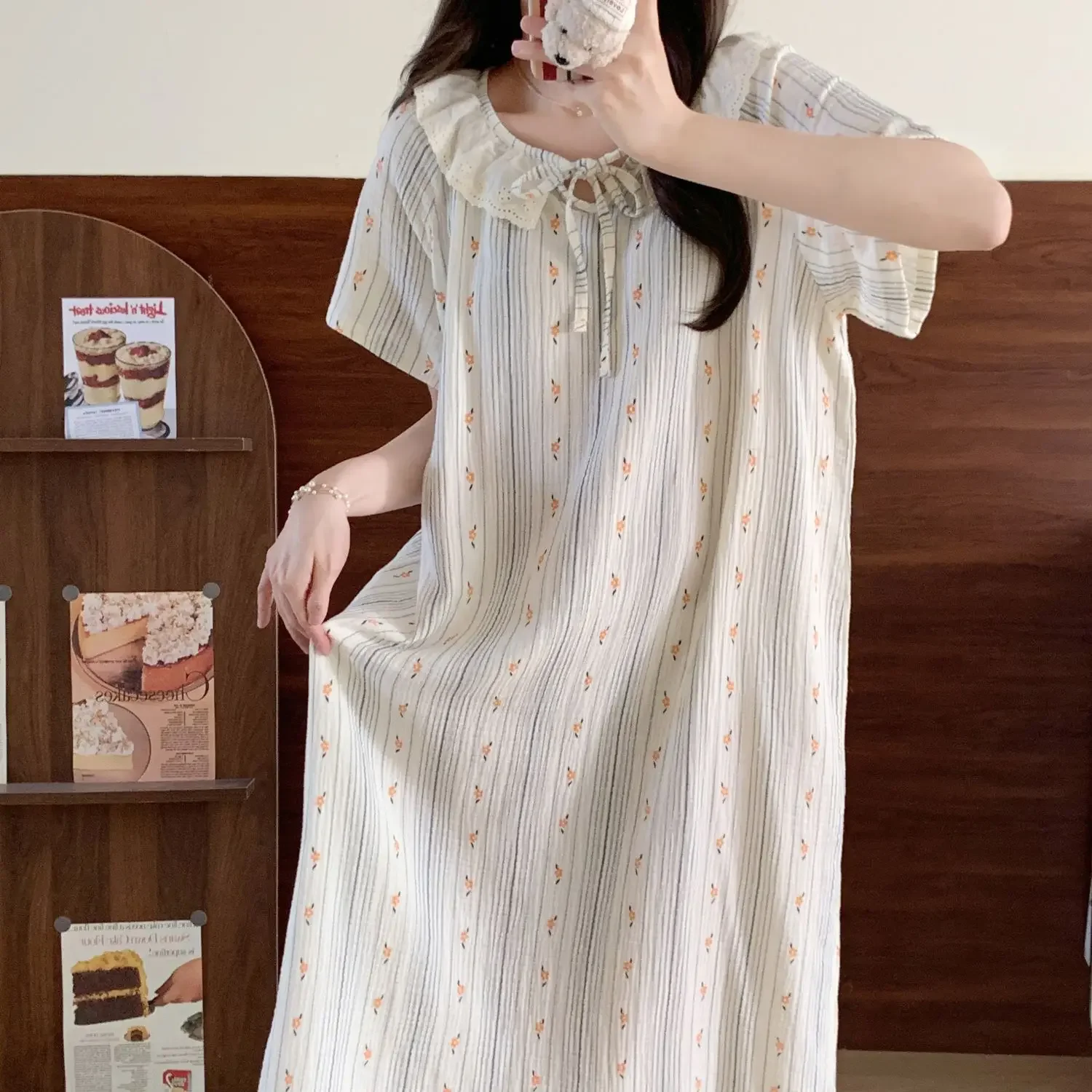 Floral Striped Sleepwear Womens Korean Style NightgownOne Piece Pajama Summer  Lace Short Sleeve Night Dress Home Wear 2024 New