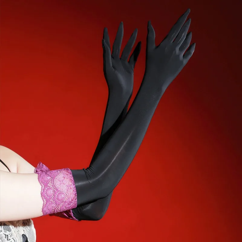 

55CM Women's Long Smooth Sexy Stockings Gloves Seductive Lace Cuff Decor Elegant Evening Party Cosplay Clubwear High Stretch