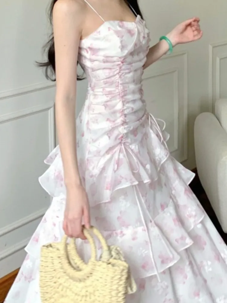 Women Summer Pink Floral Print Ruffles Holiday Dress French Party Birthday Slim Fit Party Dresses Fashion Vestido Midi Robe New