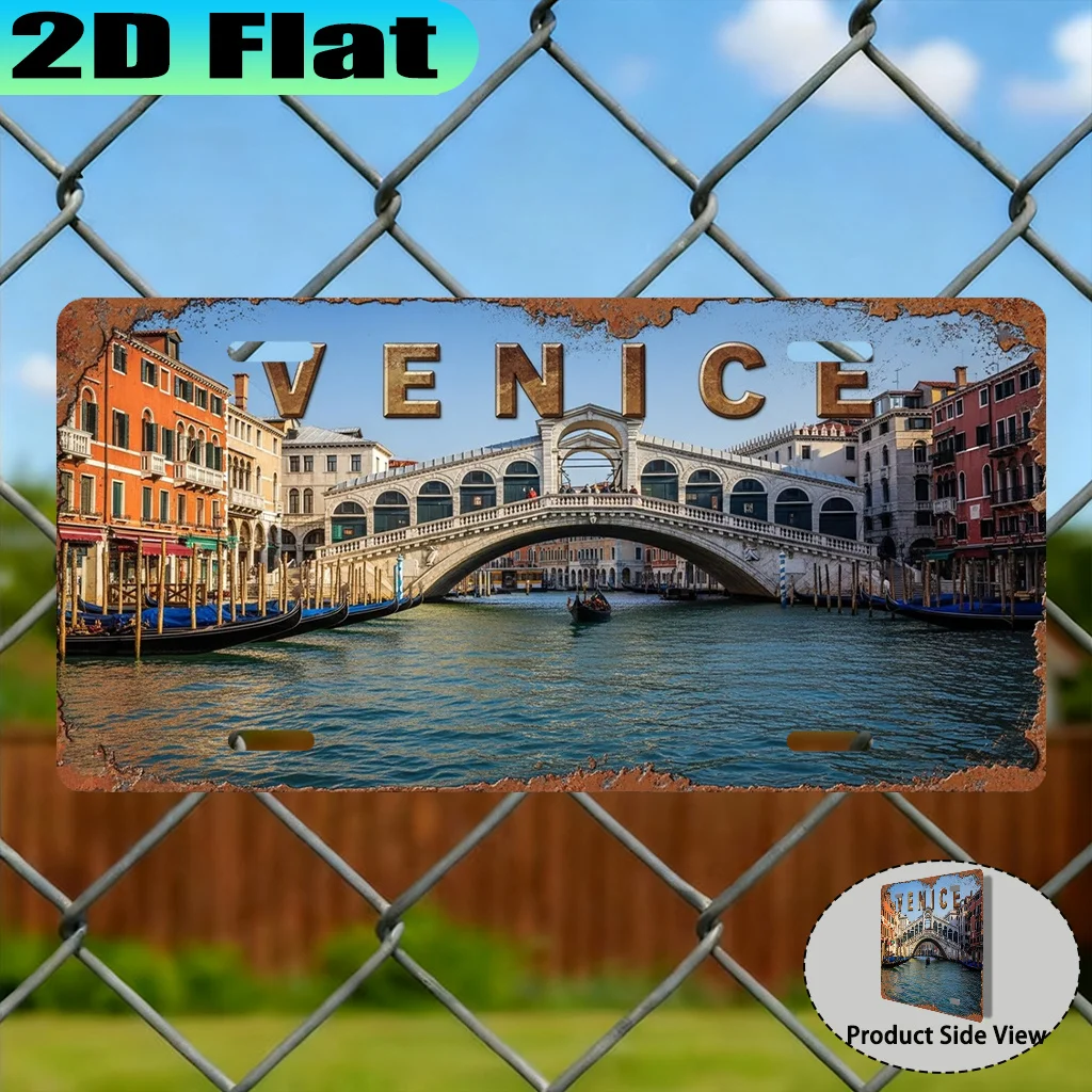Italy Venice Rialto Bridge & Gondola 2D Flat Printing License Plate Style Metal Tin Sign, Canal City Themed Decorative Aluminum