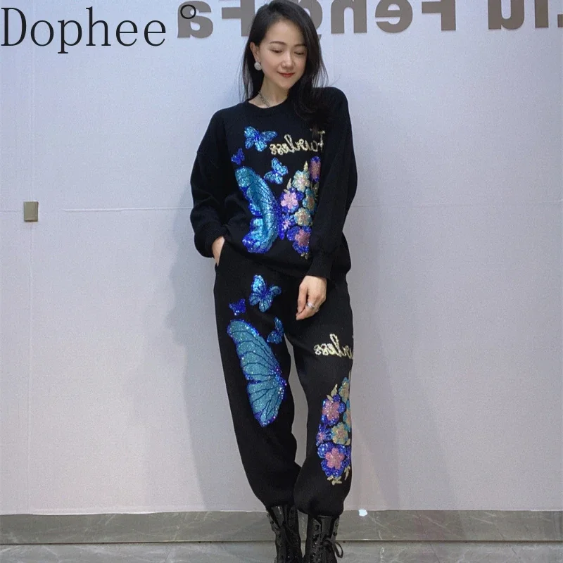 

2025 New Spring Autumn Women Knitted Sets Shiny Butterfly Hot Drilling Pullover O-neck Sweater Top + Casual Harem Pants Suits
