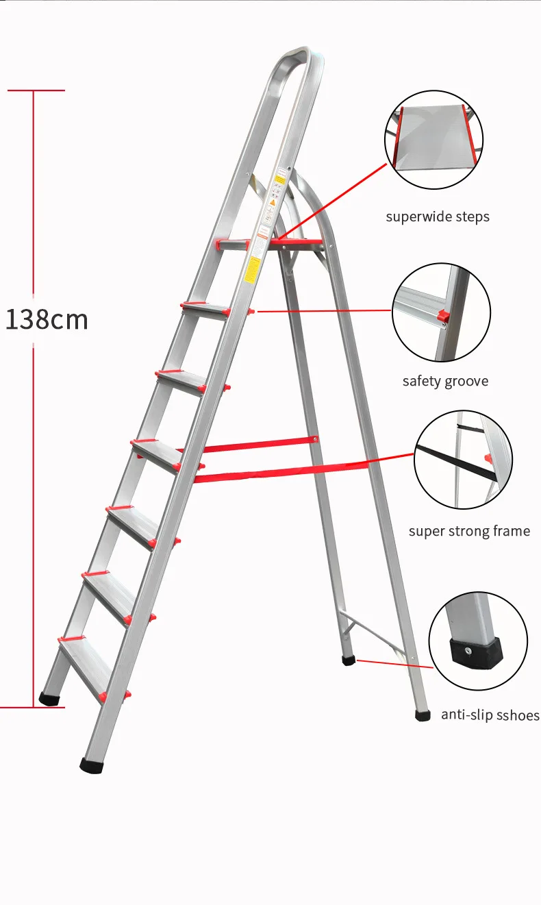 Aluminum Alloy Folding A‑Frame Ladder,Stainless Steel Handrail 4‑5‑6‑7 Steps Household Indoor Climbing Step Ladder for Export