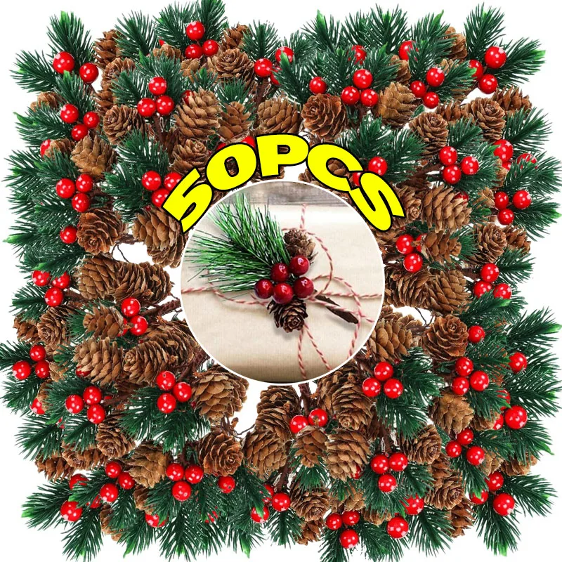 5/50 Uds. De conos de pino rojo artificiales, agujas, bayas de Navidad, piña, flor Artificial, ramas de acebo, guirnalda de árbol de Navidad, decoración de regalo