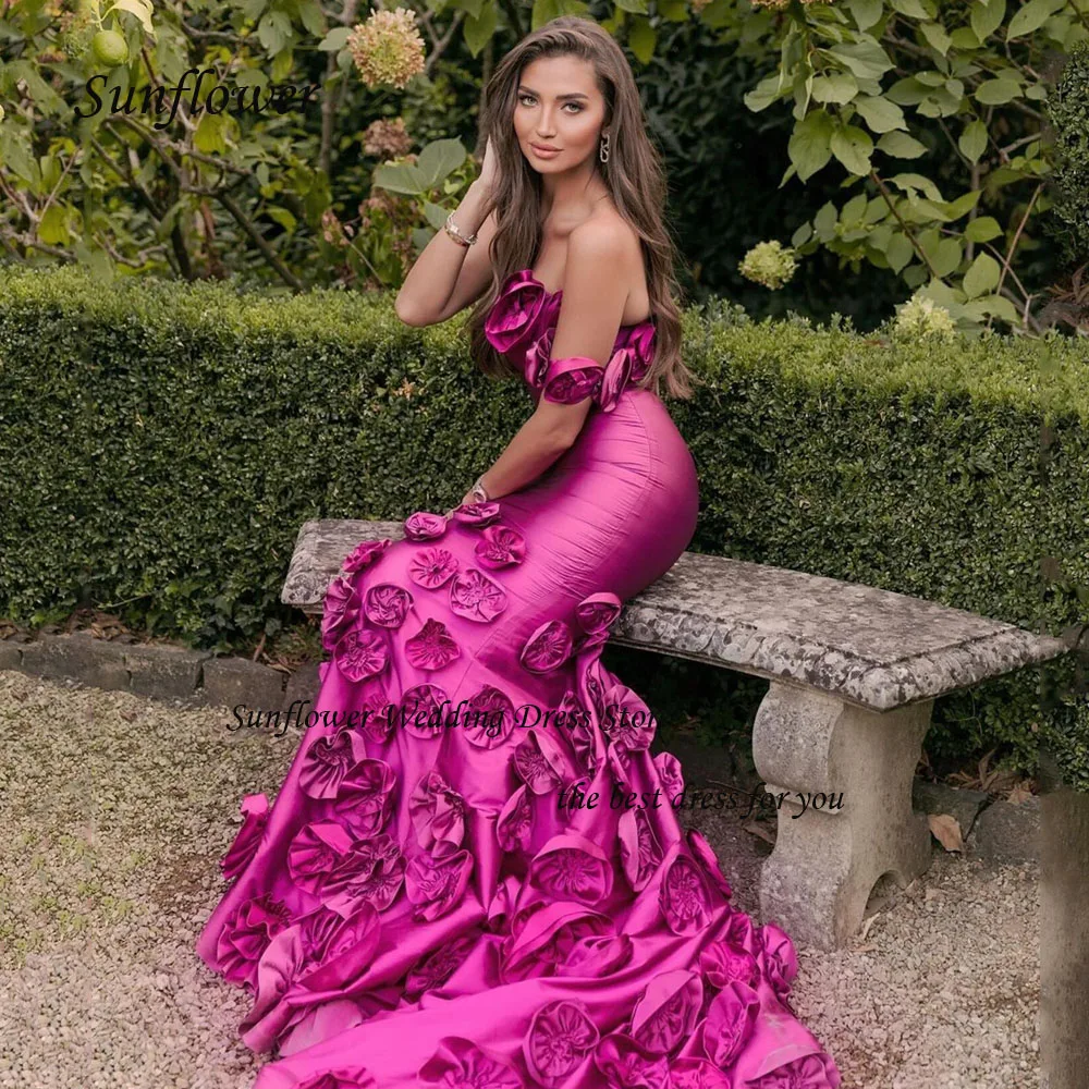 Sunflower 3D Flowers One-Shoulder Mermaid Evening Dresses Saudi Arabia 2024 Slim Satin Floor-Length Party Gowns Prom Dress