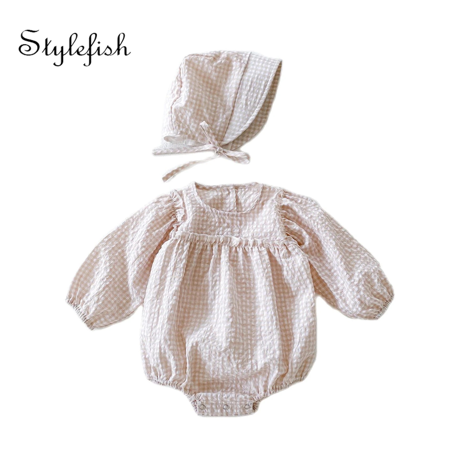 Hot selling baby girls clothing sets clothes 2022 Autumn Baby's sweet plaid long-sleeved romper + hat jumpsuit