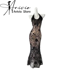 Women's Black Gothic Lace Evening Dress Vintage Sleeveless Off Shoulder Long Dresses Y2k Elegant One Piece Frocks 2000s Clothes