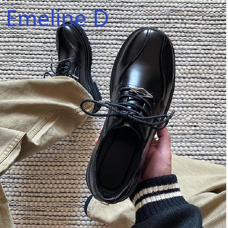

Leather Patchwork Lace Up Derby Shoes for Men Black Retro Versatile for Daily Commuting Height Increasing Casual Leather Shoes