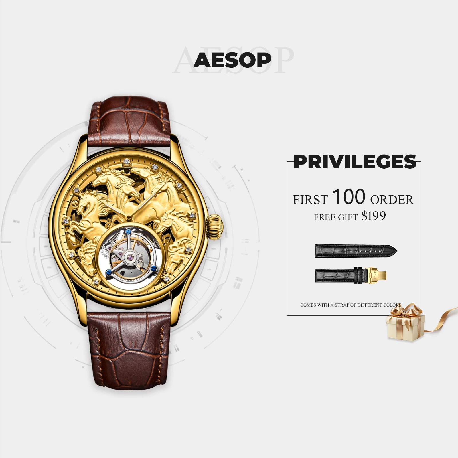 AESOP Luxury Manual Tourbillon Mechanical Watch Men's Mechanical Tourbillon Movement Embossed Horse Zodiac Personalized Watch