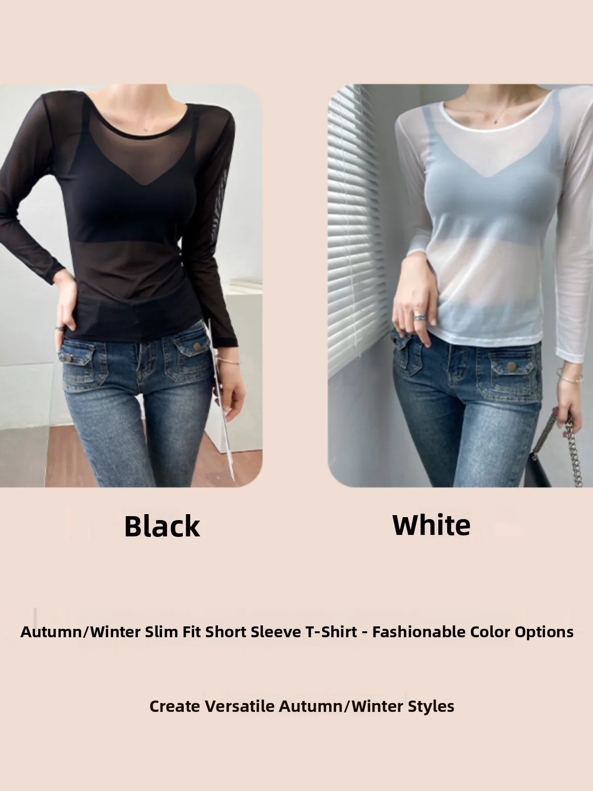 Black Base Shirt Women's Spring Autumn Thin Mesh Sleeve Long round Neck Regular Length Thin Fabric Transparent Micro plus Size