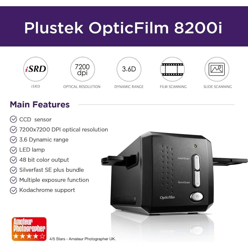 OpticFilm 8200i SE , 35mm Film & Slide Scanner. 7200 dpi / 48-bit Output. Integrated Infrared Dust/Scratch Removal. Bundle