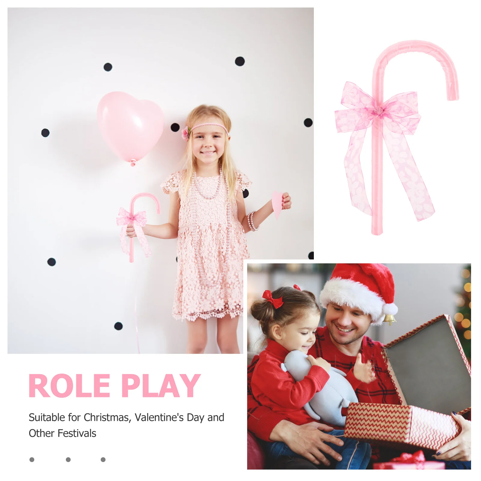 Béquilles à nœud papillon rose pour enfants, accessoire de canne pour fête de noël, jeu de rôle, baguette de danse, accessoire de robe fantaisie pour le personnel