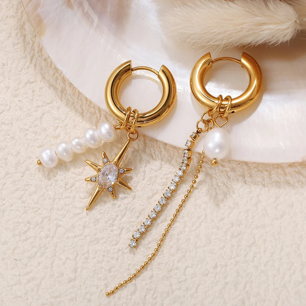 

Irregular Octagonal Star Tassel Long Chain Zircon Stainless Steel Earrings For Women Star And Moon Simple Exquisite Jewelry