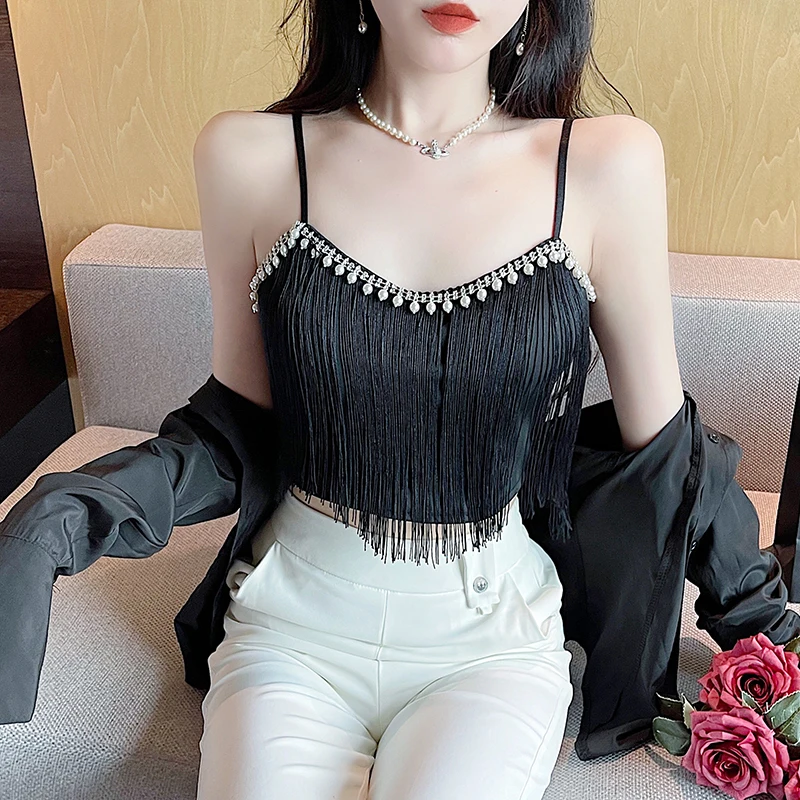 2023 Tassel Beading Mini Camis Off Shoulder Backless Sleeveless Slim Women Summer Fashion Hight Waist Sweet Sexy Top