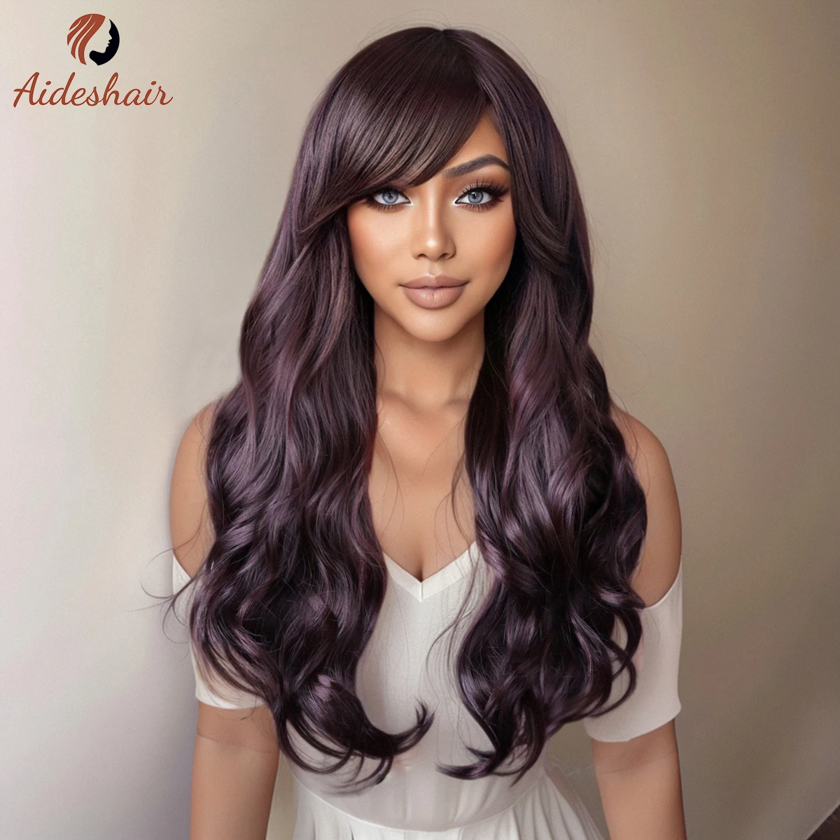 Coffee brown diagonal fringe wig Large wave curly wig for women heat resistant fiber synthetic wig for daily Cosplay