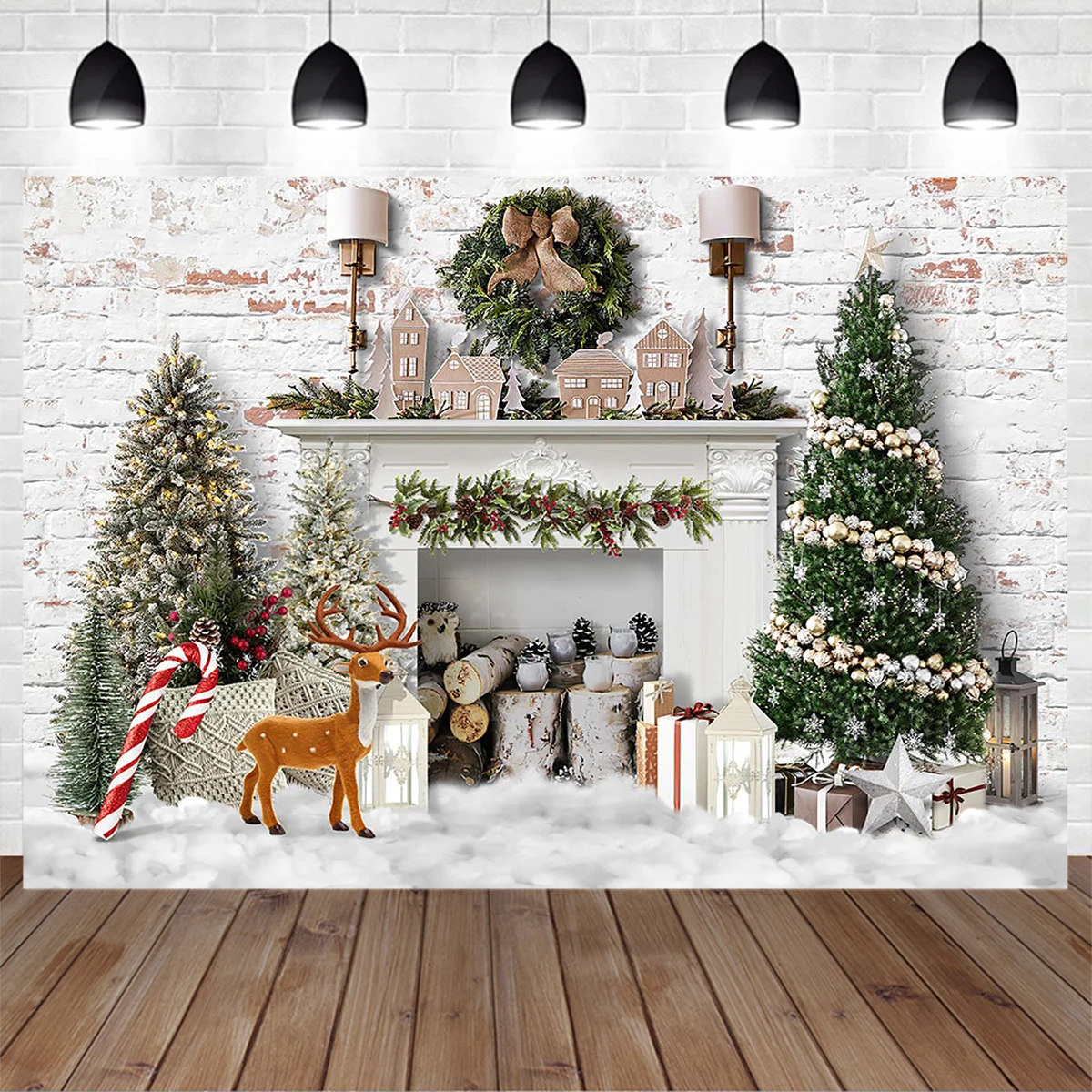 

Christmas Photography Background Vintage Fireplace Xmas Tree Garland Interior Backdrop Children Winter Birthday Studio Photocall