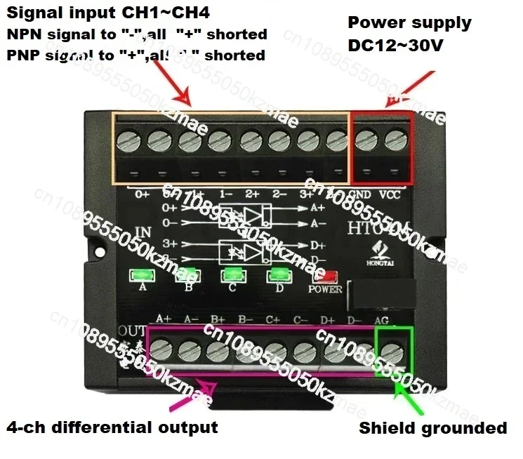 Differential Signal Converter 4-Channel HTL/TTL to RS422 Isolator for PLC to Servo Drive PNP/NPN 10MHz