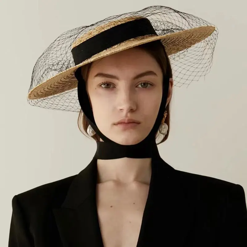 European American Vintage Summer Fashion Mesh Light Top Handmad Straw Hat Ladies French Elegant Beach Hat For Women Sunhat