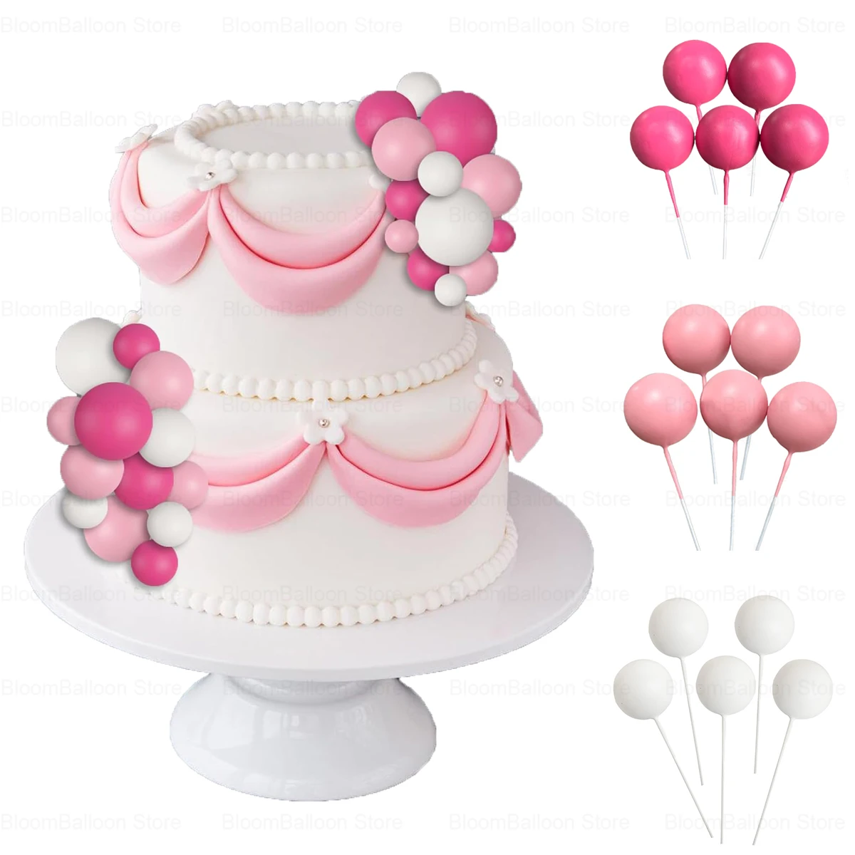 

30pcs Pink Rose Balls Cake Topper White Cake Topper Ball for Wedding Cake Decoration Birthday Party Baptism Baby Shower Supplies