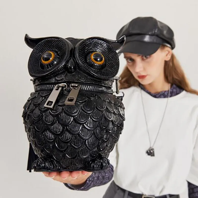 Leather 3D Simulated owl Animal fringe handbag Designer Shoulder Bag Bucket Bag Ladies Fashion Crossbody Bag Black Totes