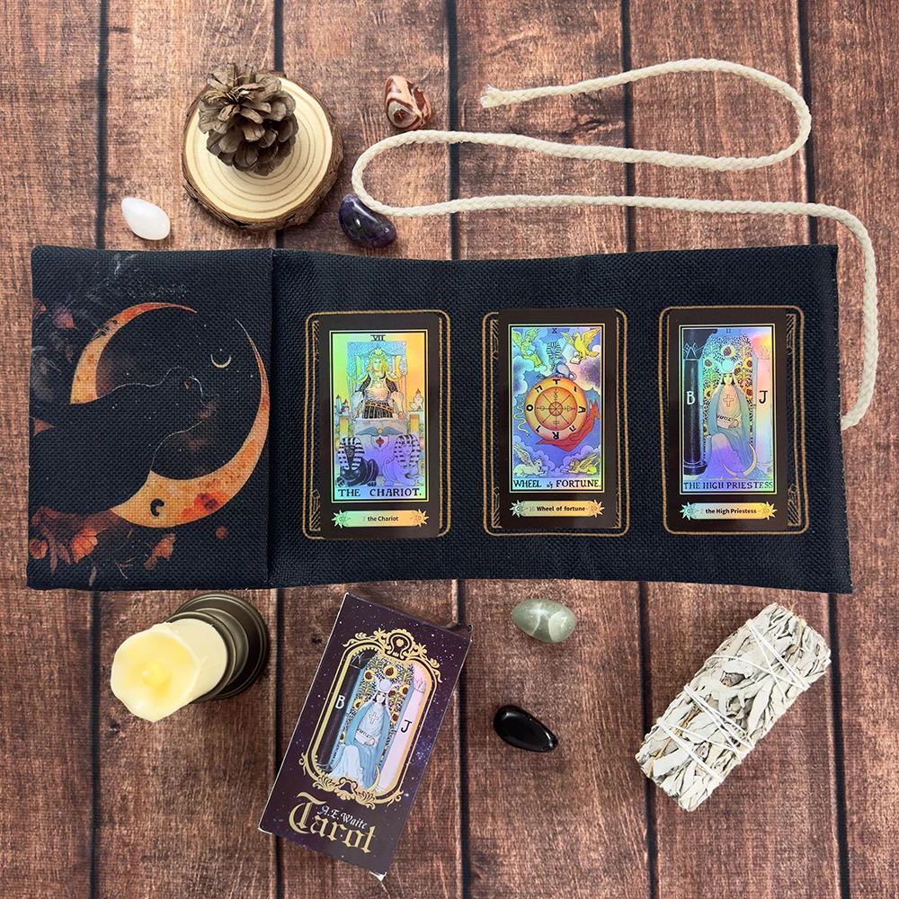 Moon Witchcraft Black Cat Tarot Aufbewahrungstasche mit Sternenhimmel, Wickeltasche, Tarot-Tischdecke, Blumen- und Pflanzen-Divination-Aufbewahrungstasche