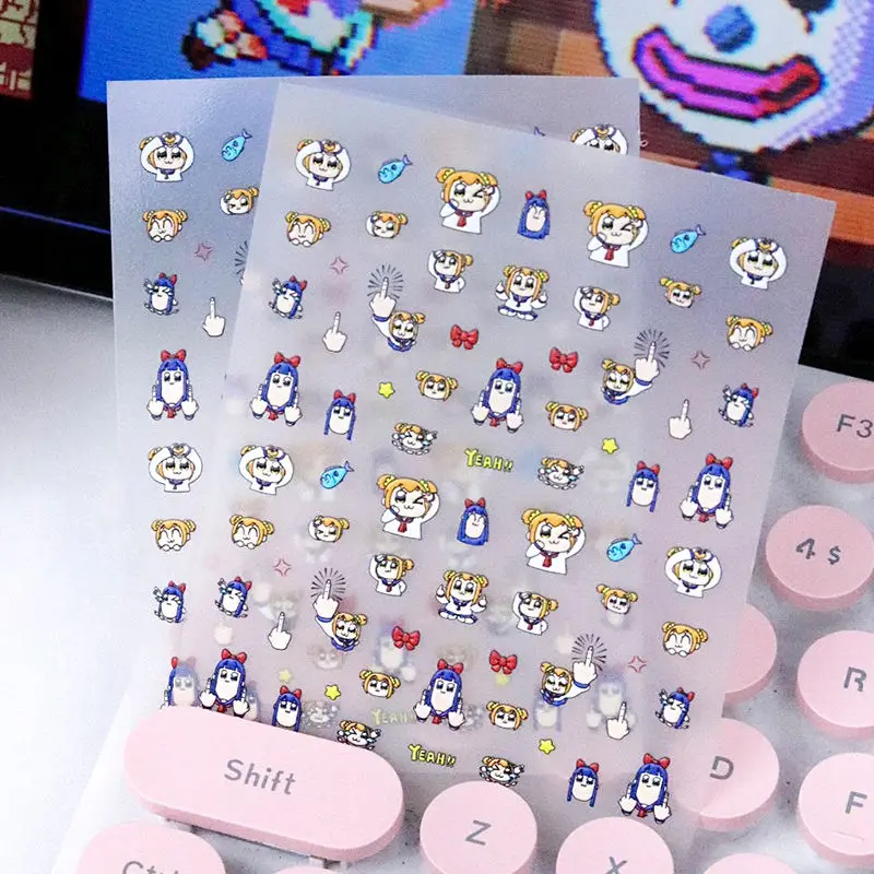 POP TEAM EPIC Anime Cartoon Three-dimensional Relief Nail Stickers Diy Manicure Sticker Decal Decoration Girls Birthday Gift