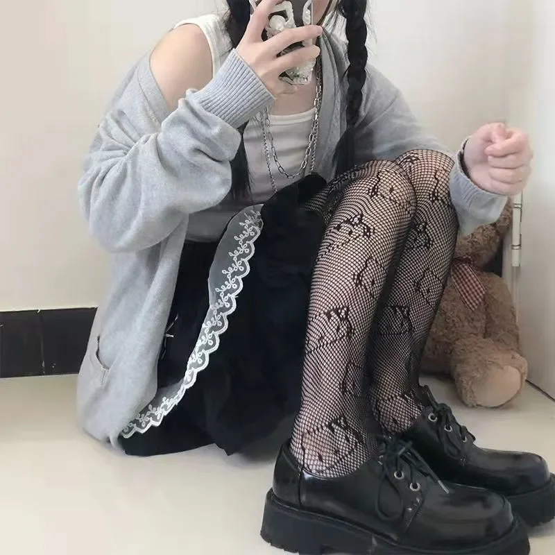 Medias largas de rejilla con patrón de gato y gatito para mujer, pantimedias de uniforme JK, medias de malla de nailon con dibujos animados, calcetines largos de Anime Lolita, Sexy