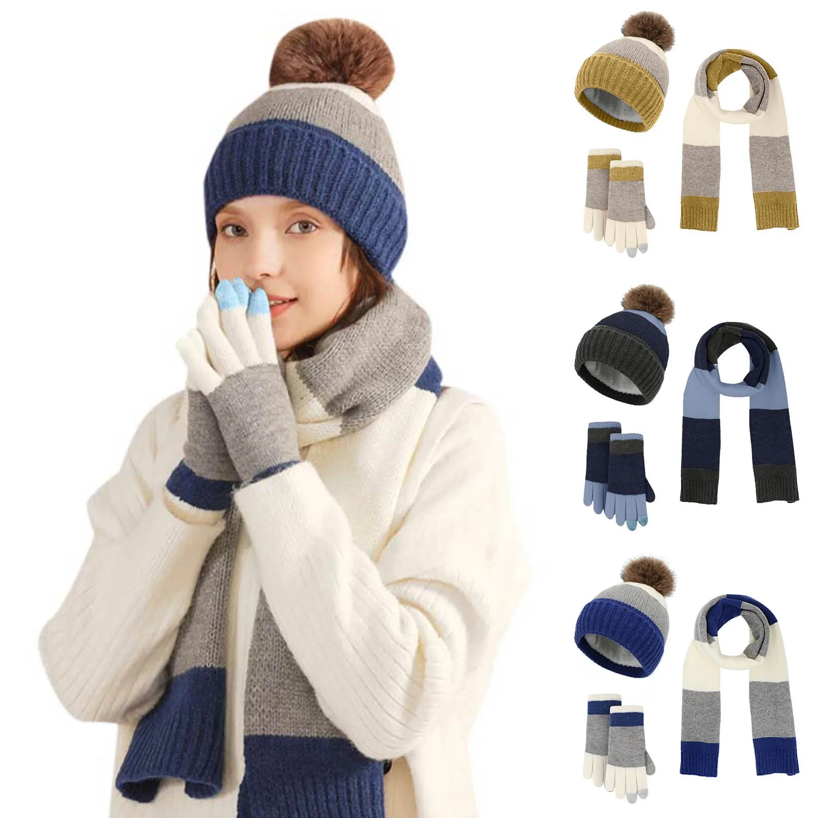 

Women&Men Autumn Winter Warm Wool Hat Scarf Gloves Slouchy Three Pieces Winter Snow Knit Cap Screen Mittens Scarf Gloves Set Men