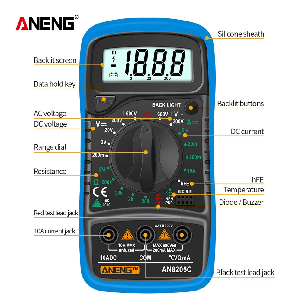 ANENG AN8205C Digital Multimeter AC/DC Ammeter Volt Ohm Tester Meter Multimetro With Thermocouple LCD Backlight Portable