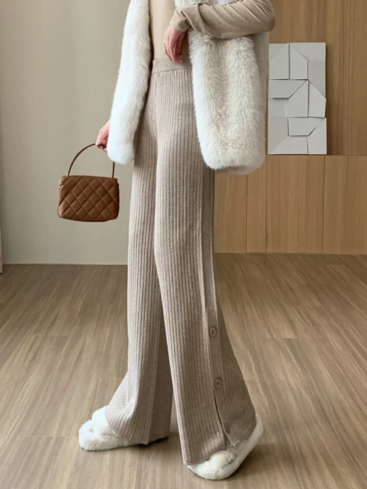 Knitted Split Button Wide Leg Pants Straight Casual High Waist Pants Keep Warm In Autumn Solid Loose Wool Cosy Woman Trousers