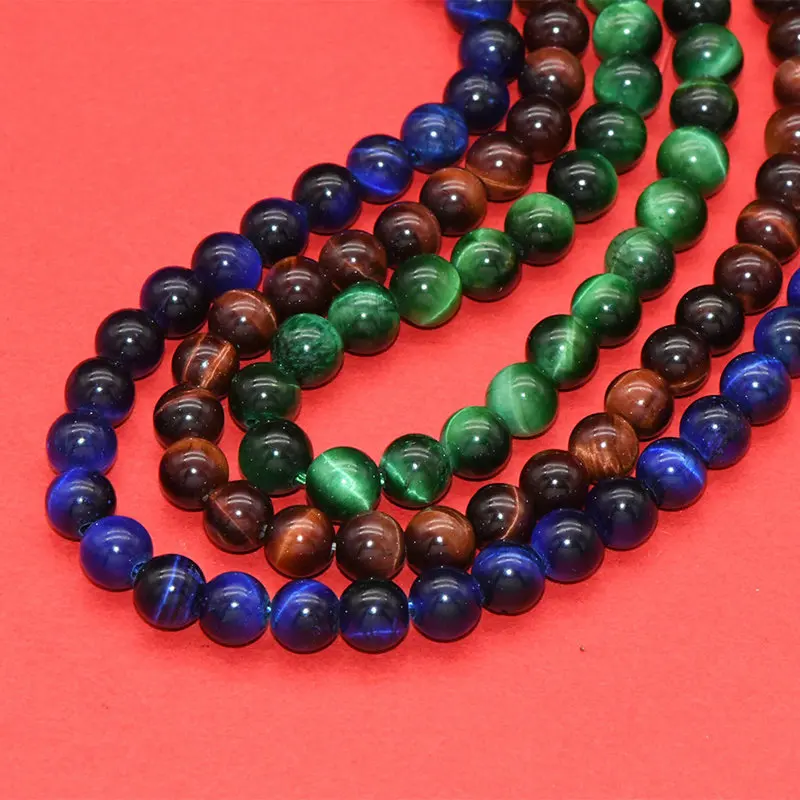 Goede Kwaliteit 38Cm Lengte Natuurlijke Geverfde Kleur Groen Blauw Rood Tijgerogen 6-10Mm Natuursteen Ronde Kralen 5 Stks/partij