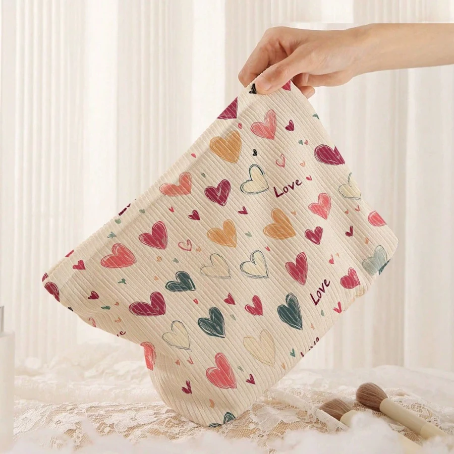Colorful Heart-Patterned Corduroy Lined Storage Bag - Multifunctional Toiletry Bag with Safety Zipper - Beauty and Toiletry Organizer, Makeup Bag to Help You Keep Your Daily Belongings Organized