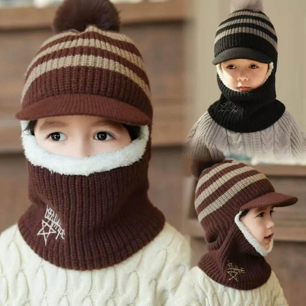 

Winter Baby Knitted Hat Scarf Kids Boys Girls Hood Hats Toddler Earflap eanie With Neck Warmer Pompom Outdoor Snowball Hat