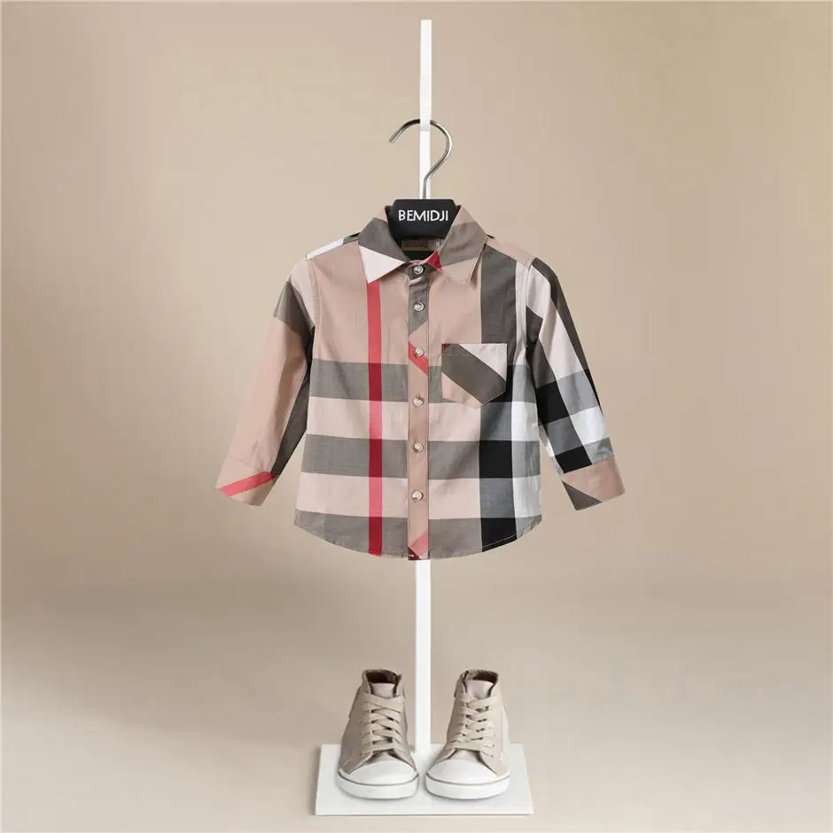 2024 Spring and Autumn New Famous Brand Authentic Children's Clothing Long-Sleeved Shirt Apricot Plaid Shirt American Style