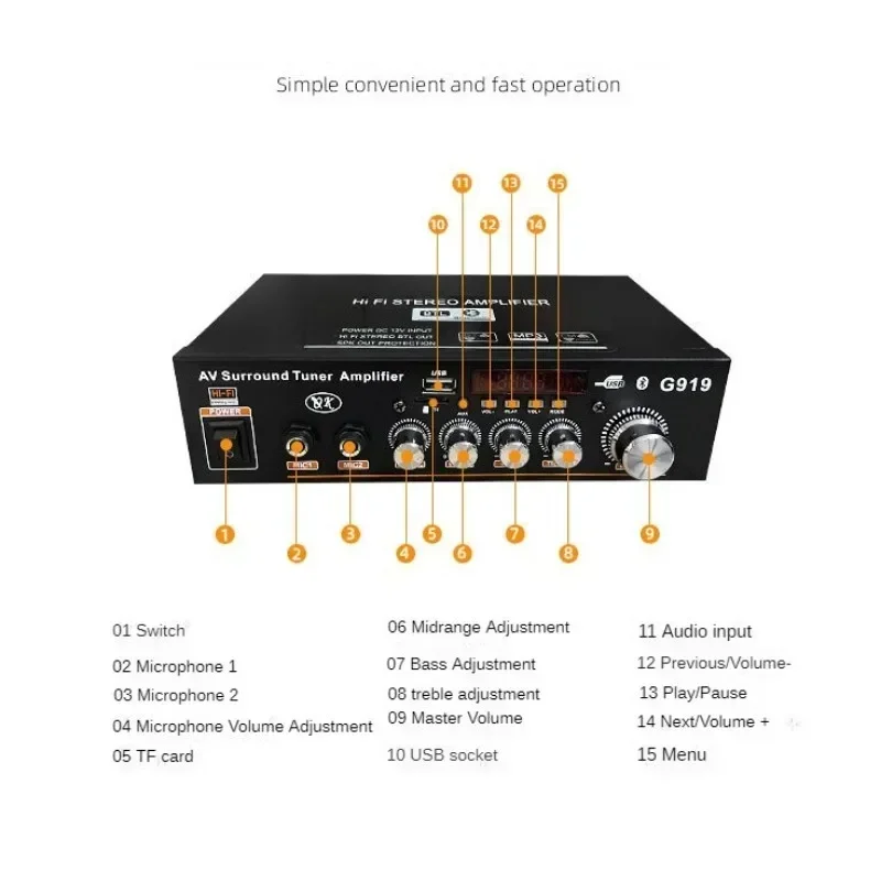 Mini amplificador de áudio bluetooth amplificador de potência estéreo fm sd hifi 2ch amp amplificador de potência carro 12v usb cartão sd mp3 player