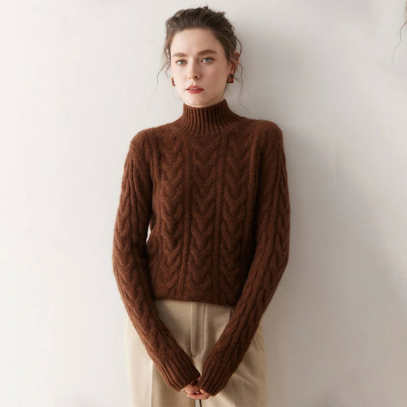 Women 100% Cashmere Sweater Turtleneck Pullover Cable Knitting Preppy Style Cashmere Knitwear Autumn Winter Heavyweight Clothing