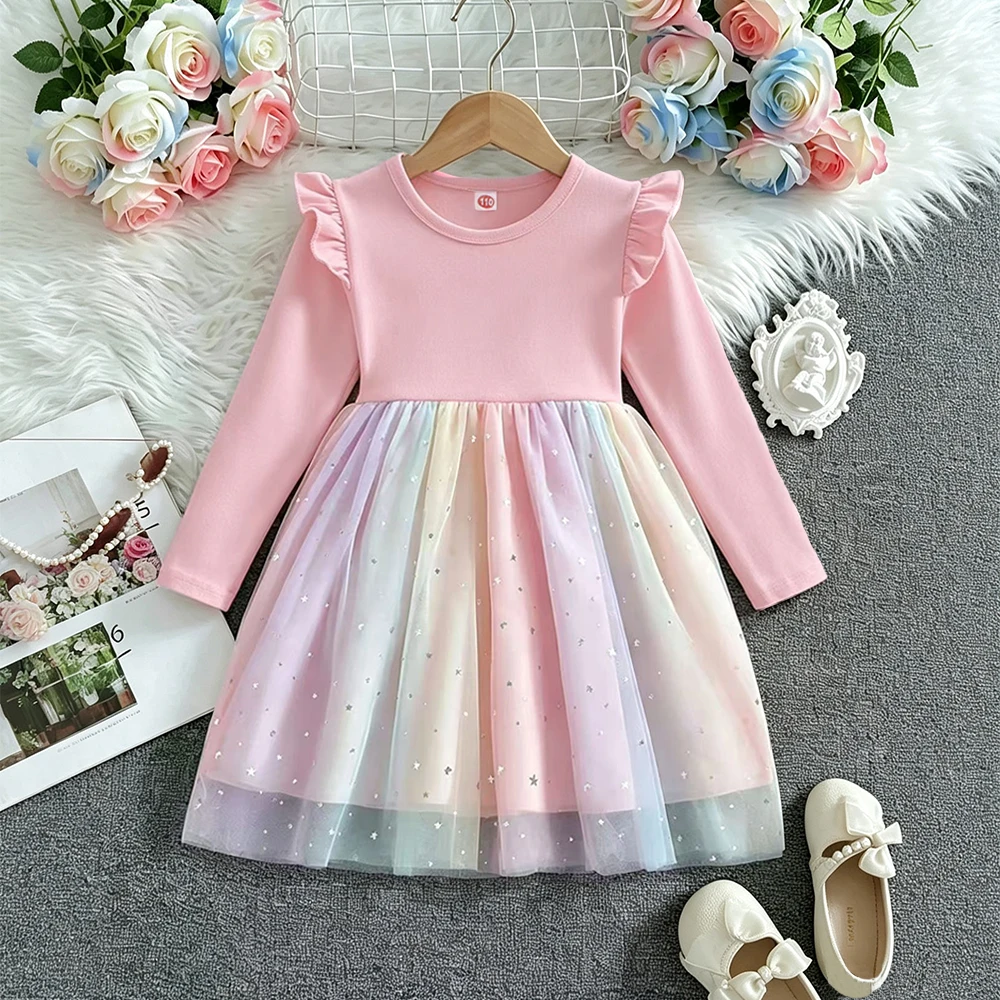 Neues Kleid für Mädchen, Kinderkleidung, Frühling/Herbst, langärmeliges Kleid mit Cartoon-Motiv, Prinzessinnenkleid, Kindergeburtstagskleid, Regenbogen, 2-8 Jahre – Detail 3