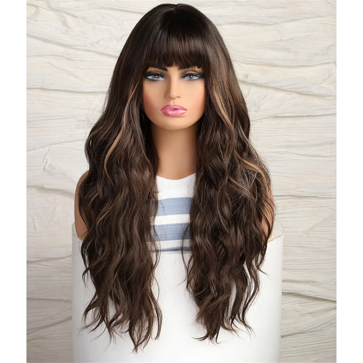 European and American Style Wig Black Brown with Bangs Big Wave Long Curly Hair Chemical Fiber Curls Highlighting Wig