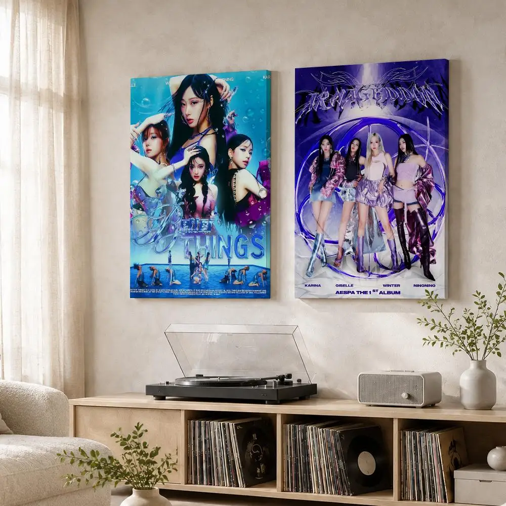 Cool A-Aespa Band Kpop Framed Wall Painting Wood Canvas Poster For Living Room Bedroom Hallway Office Home Decor Gift