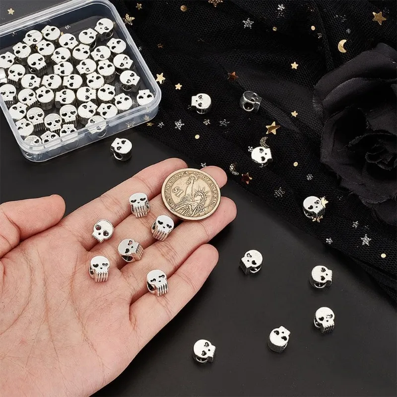 60 Pcs Alloy Skull Beads Antique Silver Punk Retro Flat Skull Bead Large Hole Bead Loose Spacer Bead Tibetan Style European Bead