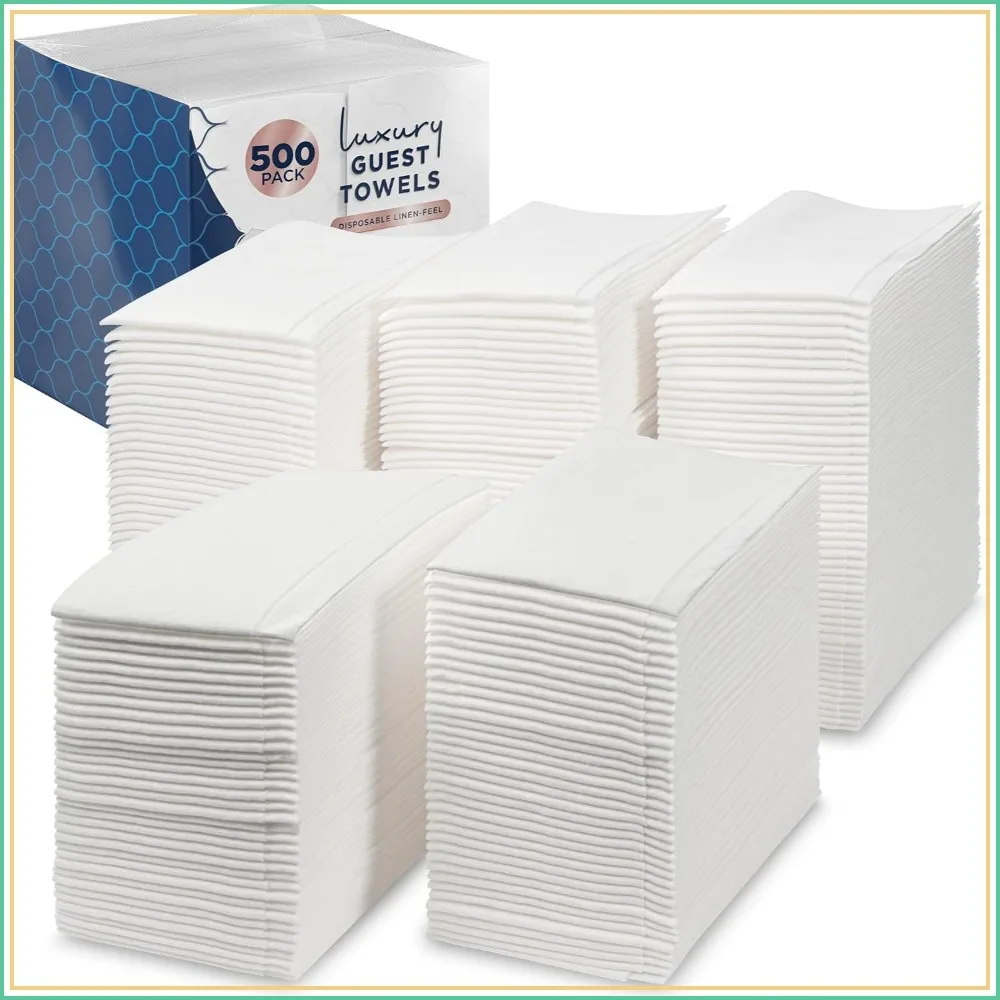 Disposable Guest Towels 500 Pack White Napkins Heavy Duty Ultra Absorbent Linen Feel for Bathroom