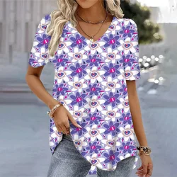Spring Vintage Women's V Neck Short Sleeve T shirt For Women Loose Tops 3d Printing Summer Tees Shirts Oversized Female Clothing