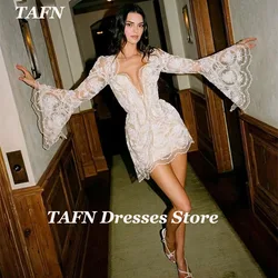 TAFN Sexy Lace Party Dresses V-Neck Full Flare Sleeves Short Prom Gown Boho Evening Dresses Dresses for Special Event