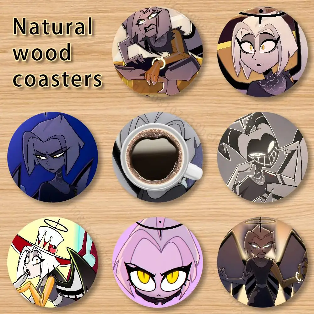 H-Hazbin Hotel Lute Wooden Cup Mats Combo Decora Glass Cup Coaster Home Kitchen Decora Gift