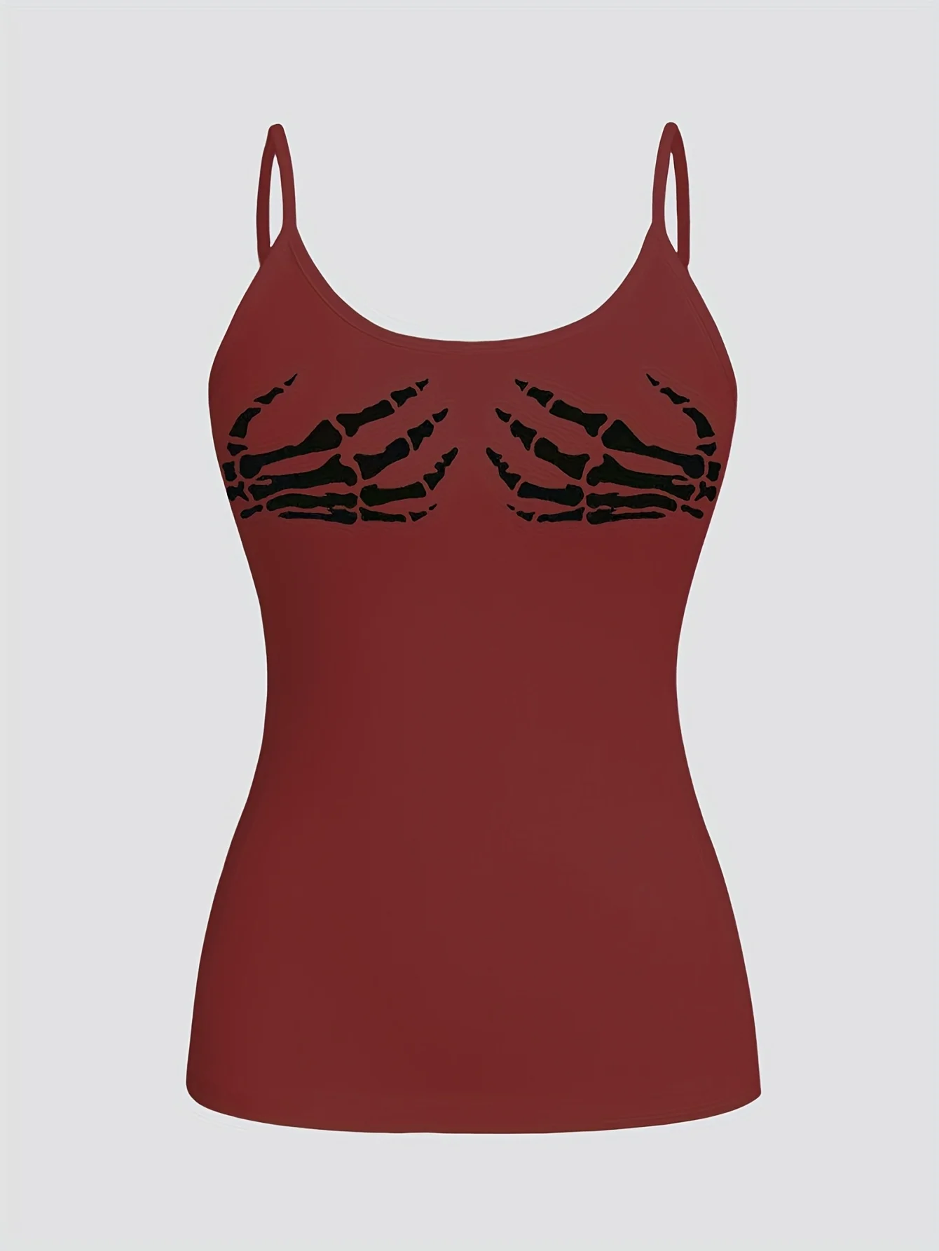 

Plus Size Women Wine Red Skeleton Hand Print Spaghetti Strap Scoop Neck Tank Top Casual Slim Fit Form Fitting Cami Top For Curvy