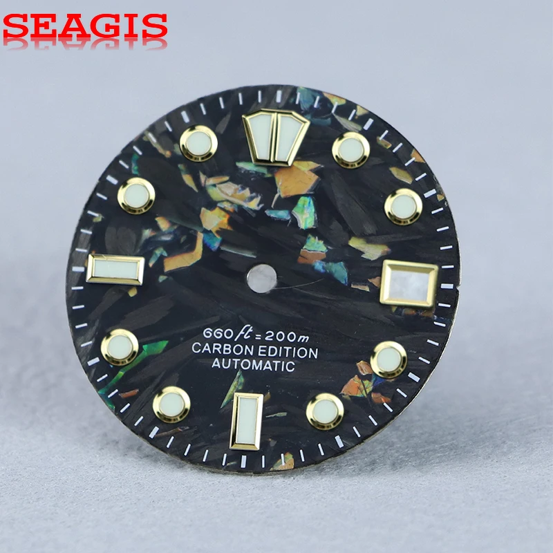 SEAGIS Black Carbon Fiber 28.5MM Dial colourful Grain Dial NH35 Movement Watch Parts BGW9 C3 Lume Watch Face Watch Accessories